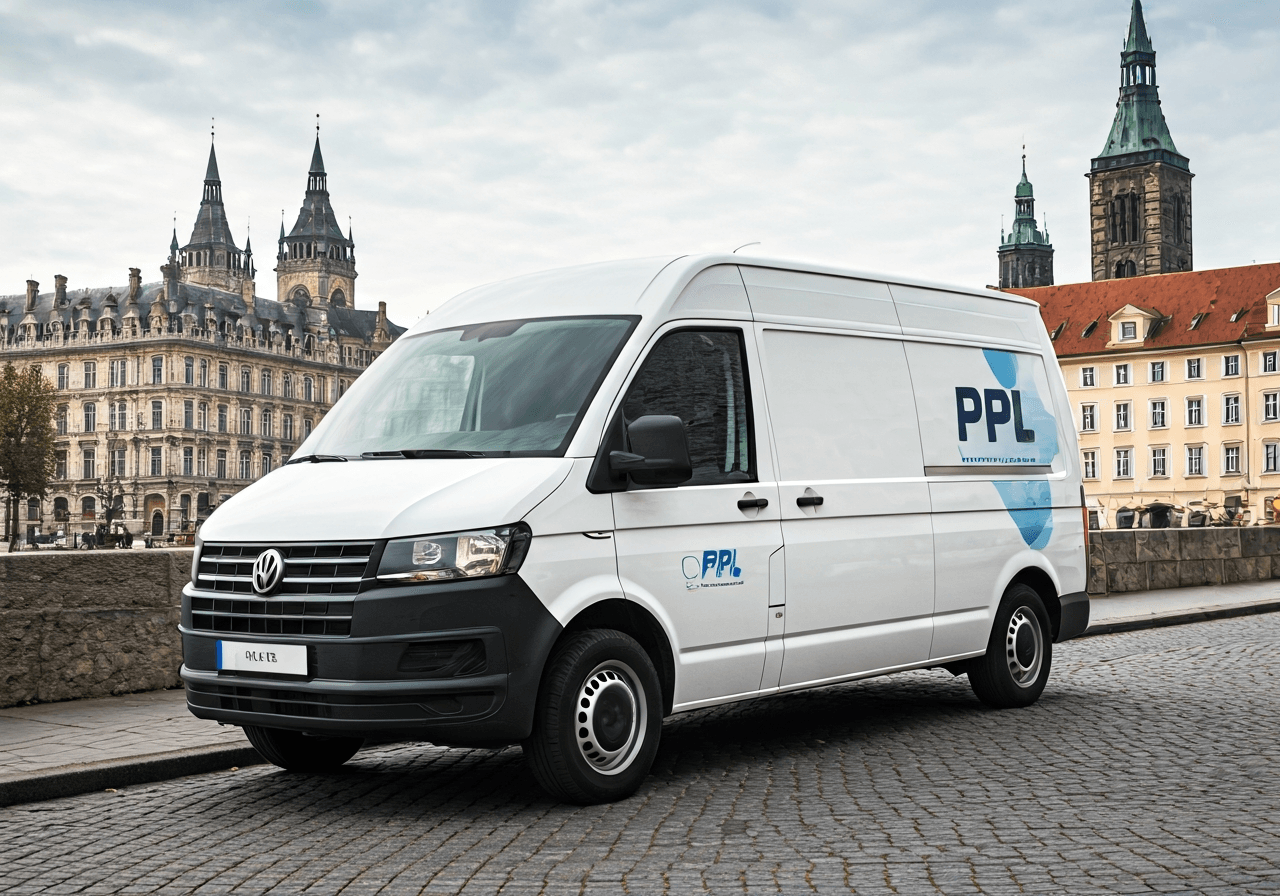 Editorial photography, a PPL delivery van in a European city with iconic landmarks in the background, modern, premium aesthetic, soft natural light, 85mm lens, highly detailed, no text, no words, no letters