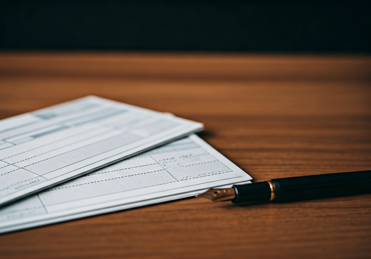 A close-up, high-quality editorial shot of traditional Czech postal money order forms (složenka) resting on a clean, modern wooden desk next to a professional fountain pen, soft natural light, depth of field, 85mm lens, minimalist aesthetic, no text, no words, no letters.