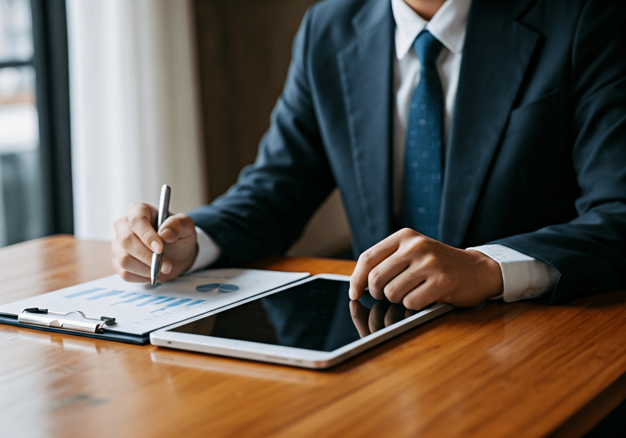 A professional person analyzing financial charts and a digital tablet on a clean wooden desk, modern financial office setting, premium editorial photography, soft natural light, 85mm lens, highly detailed, no text, no words, no letters.