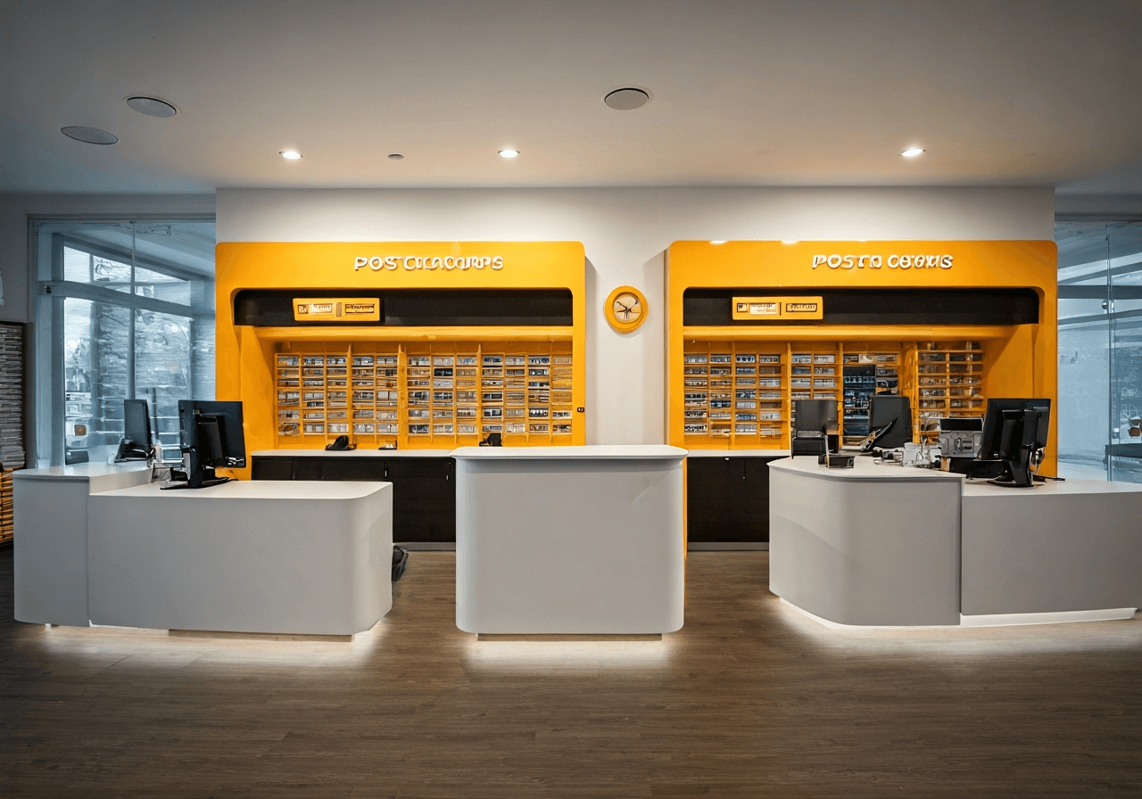 A professional, modern post office interior in Opava, clean architectural lines, minimalist counter service, soft natural light streaming through large windows, 85mm lens, high-end editorial aesthetic, no text, no words, no letters.