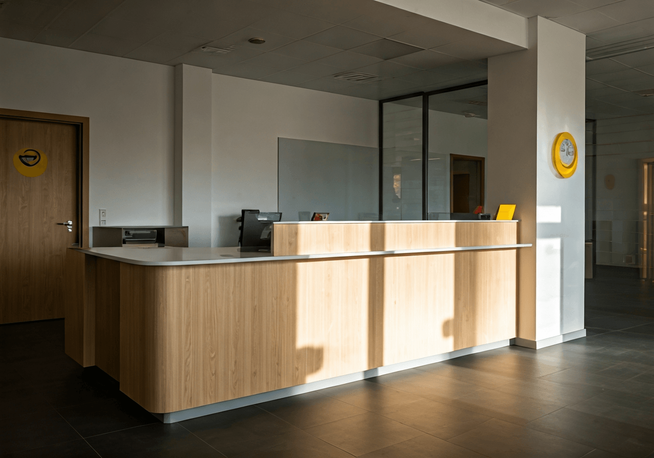 A professional, modern post office interior in the Czech Republic, minimalist wooden counters, clean signage, soft natural morning light streaming through windows, depth of field, high-end editorial photography, 85mm lens, no text, no words, no letters.