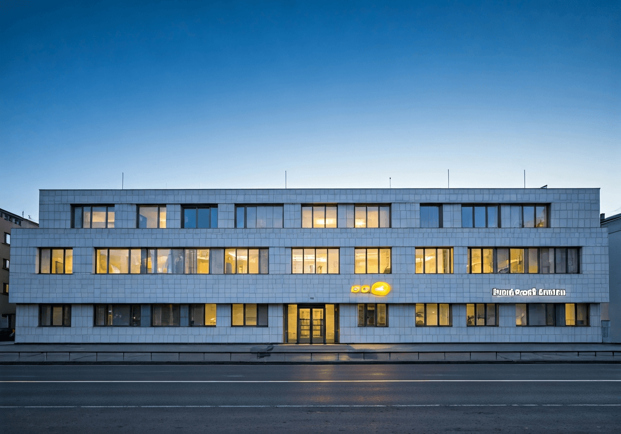 Modern facade of a Czech post office building in Brandys nad Labem, clean architectural photography, soft natural daylight, shallow depth of field, 85mm lens, professional atmosphere, no text, no words, no letters