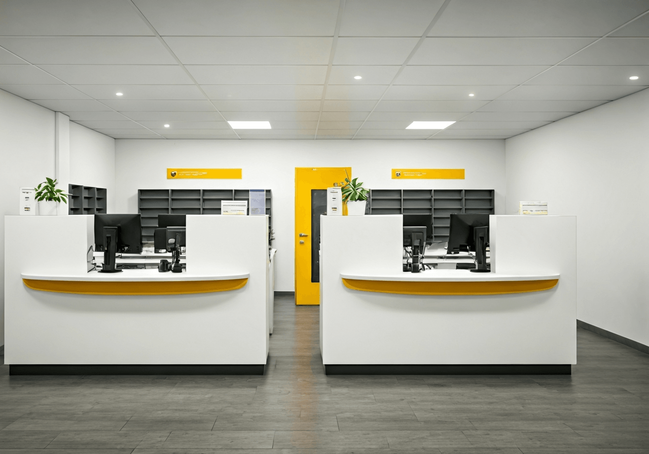 A professional, clean, and modern Czech post office interior, bright and organized space with ergonomic counters, soft natural light, editorial photography style, 85mm lens, high quality, no text, no words, no letters.