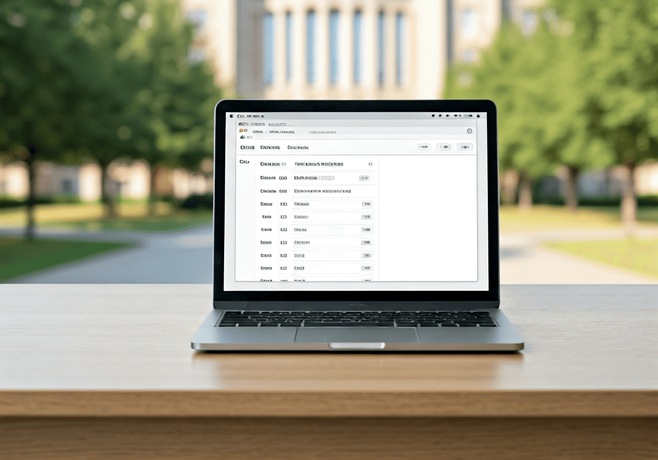 A clean, minimalist workspace with a laptop screen displaying an email interface, blurred university campus in the background, soft natural morning light, editorial photography, 85mm lens, high quality, no text, no words, no letters.