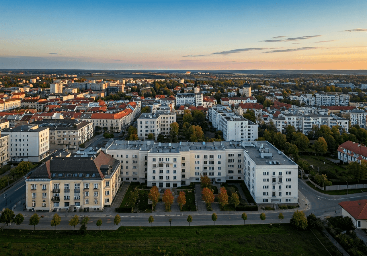 Aerial view of Nové Město district in Karviná, urban landscape blending historical architecture with modern residential areas, clean composition, soft morning natural light, high-end editorial photography style, 85mm lens, no text, no words, no letters