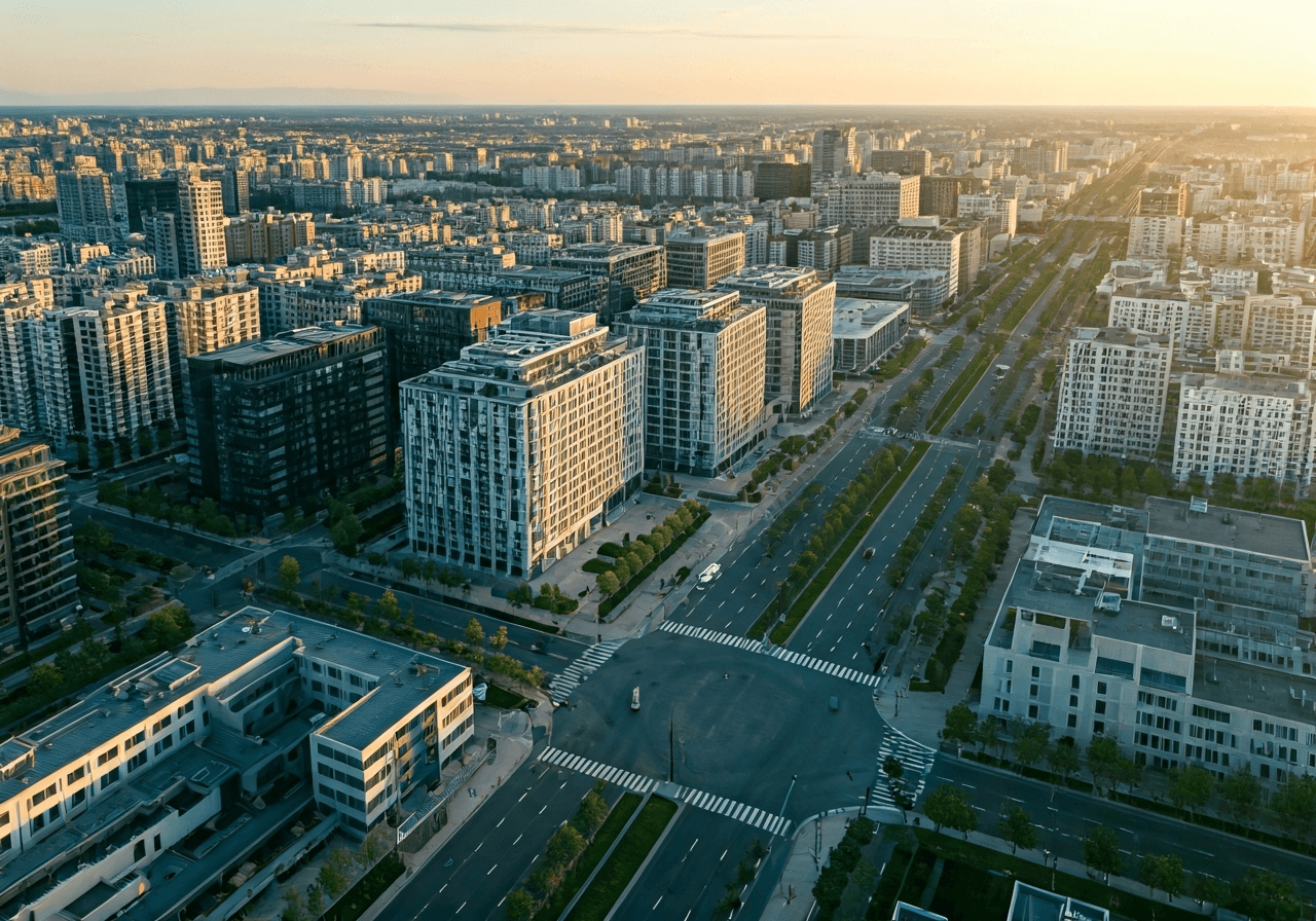 Aerial view of modern urban district with clean street grids and digital coordinate overlay, professional architectural photography, soft natural morning light, sharp focus, 85mm lens, high resolution, no text, no letters