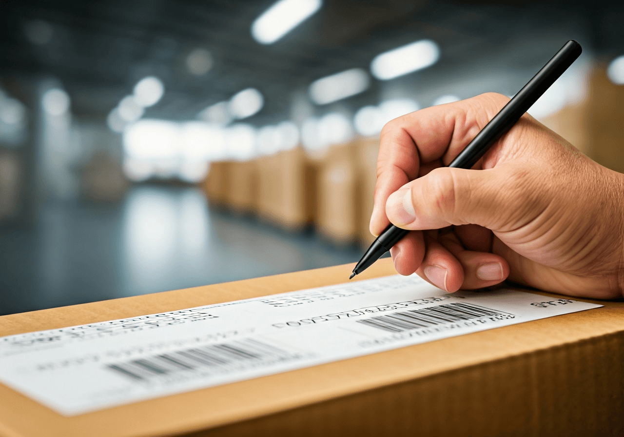 A close-up, high-angle shot of a hand neatly writing a postal code on a cardboard delivery box, blurred modern logistics center background, soft natural lighting, editorial photography style, 85mm lens, highly detailed, no text, no words, no letters