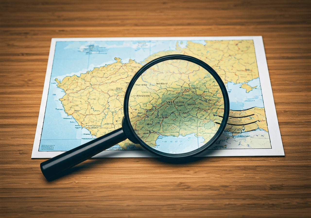 A detailed high-angle shot of a classic postal map of the Czech Republic with a magnifying glass hovering over two distinct points, clean wooden desk background, editorial photography, soft natural lighting, 85mm lens, high resolution, no text, no letters.