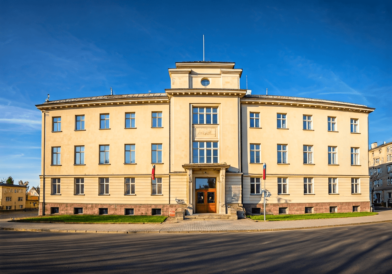 Exterior view of a classic Czech post office building in Nový Bor, clean architecture, sunny day, soft natural light, architectural photography, 85mm lens, high resolution, no text, no letters