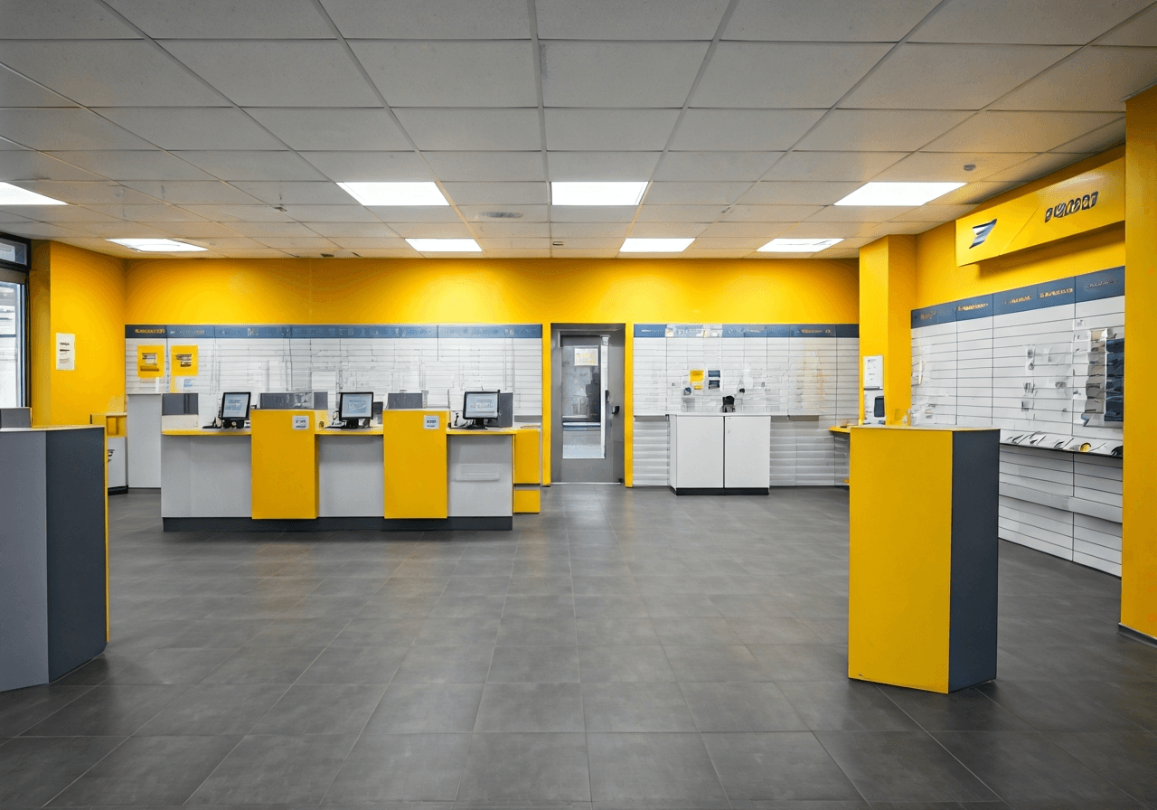 A clean, modern postal service branch interior in Novy Bor, professional aesthetic, organized queue management system, soft natural light, 85mm lens, high resolution, no text, no words, no letters