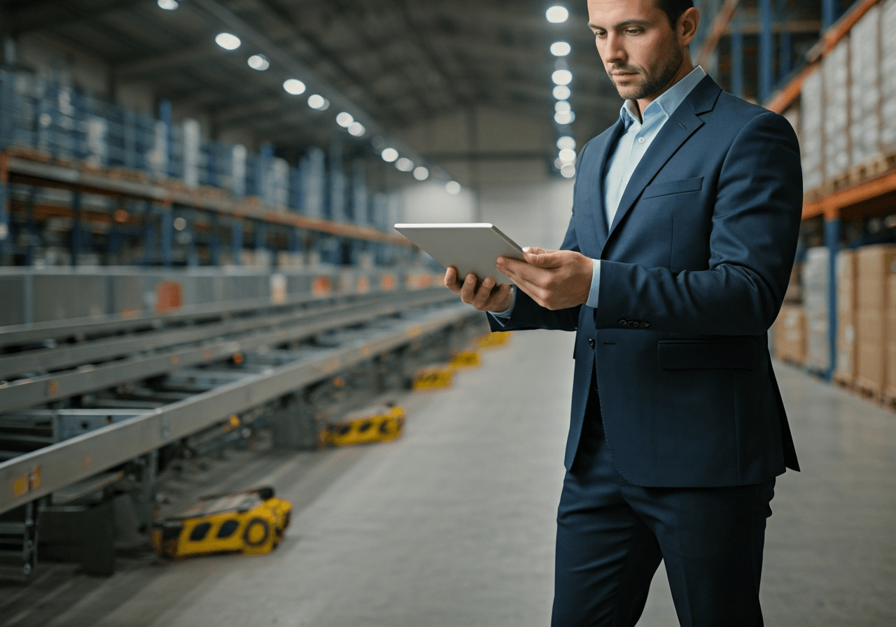 A professional logistics manager using a high-tech tablet in a bright, minimalist warehouse with automated sorting systems, editorial photography, soft natural light, 85mm lens, high quality, no text, no words, no letters