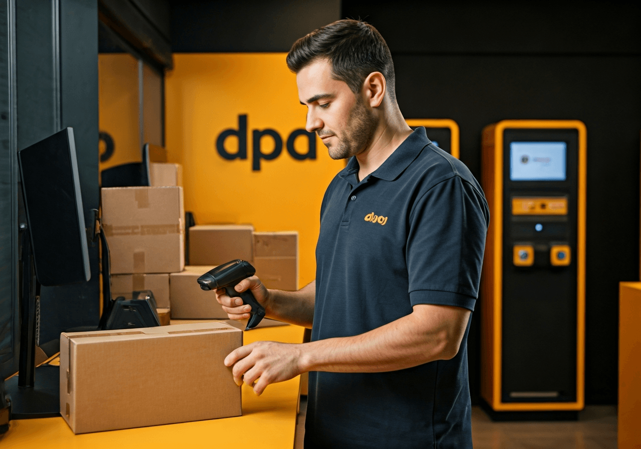 A professional logistics worker scanning a parcel inside a modern, clean DPD Pickup point, minimalist interior, editorial photography, soft natural light, 85mm lens, highly detailed, no text, no letters