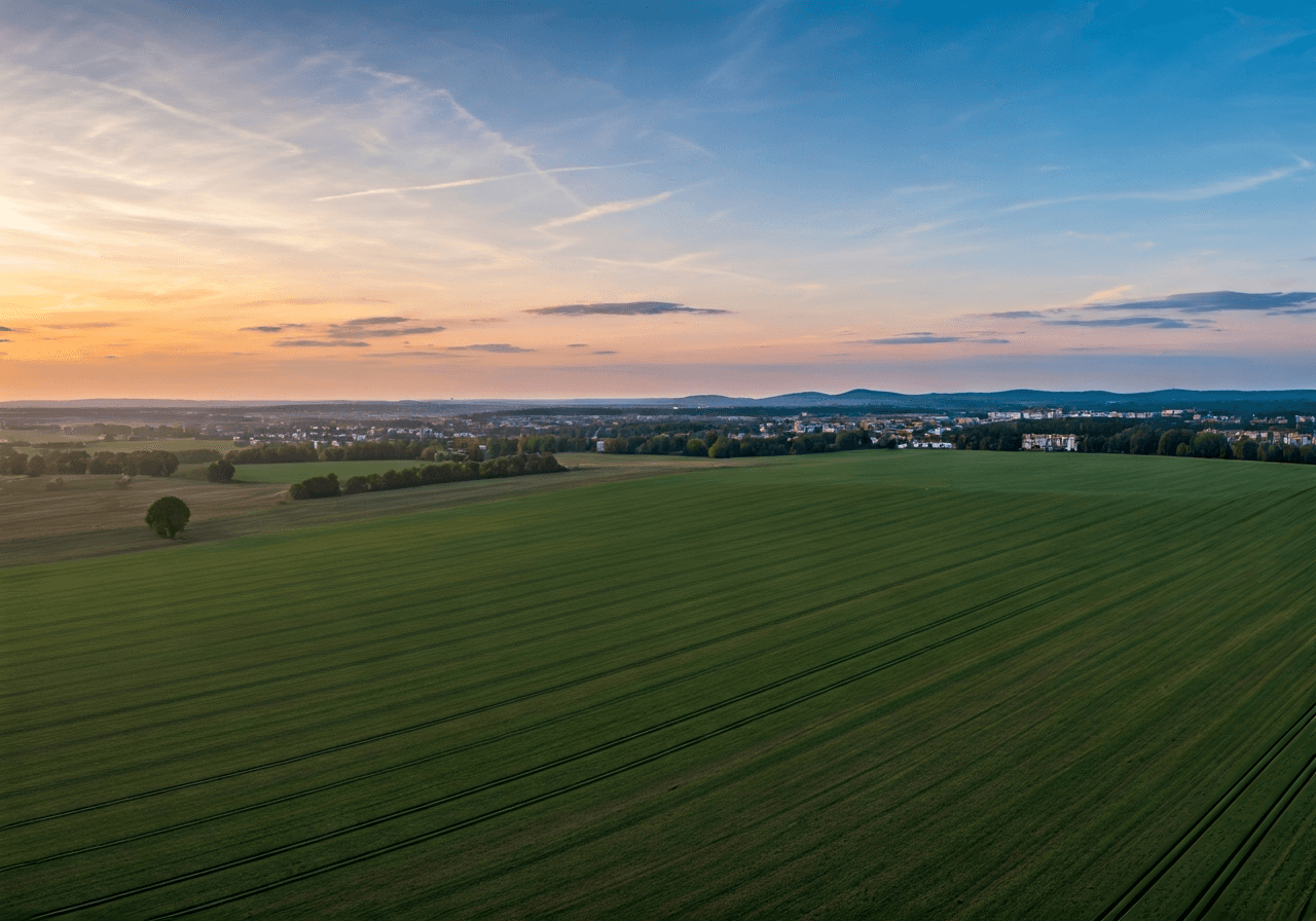 Aerial view of Vratimov landscape showing the transition between urban infrastructure and green belts, Moravian-Silesian region, clean cinematic editorial photography, soft natural morning light, wide angle lens, high resolution, no text, no words, no letters.