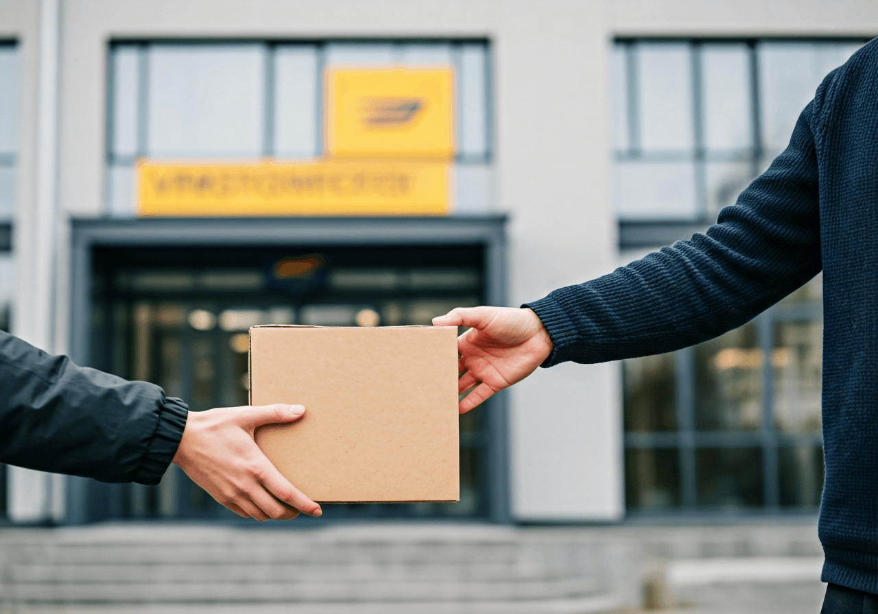 A professional delivery courier handing over a healthy nutrition parcel to a customer in front of a modern Vratimov post office building, clean architecture, editorial photography, soft natural light, 85mm lens, highly detailed, no text, no letters