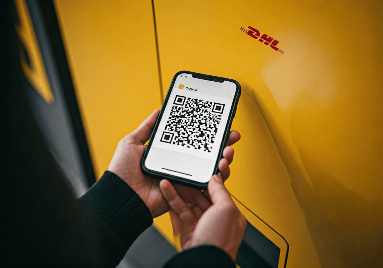 A close-up, high-angle shot of a person scanning a QR code on their smartphone at a modern, bright yellow DHL Packstation terminal, urban environment background, editorial photography, clean composition, soft natural light, 85mm lens, highly detailed, no text, no letters.