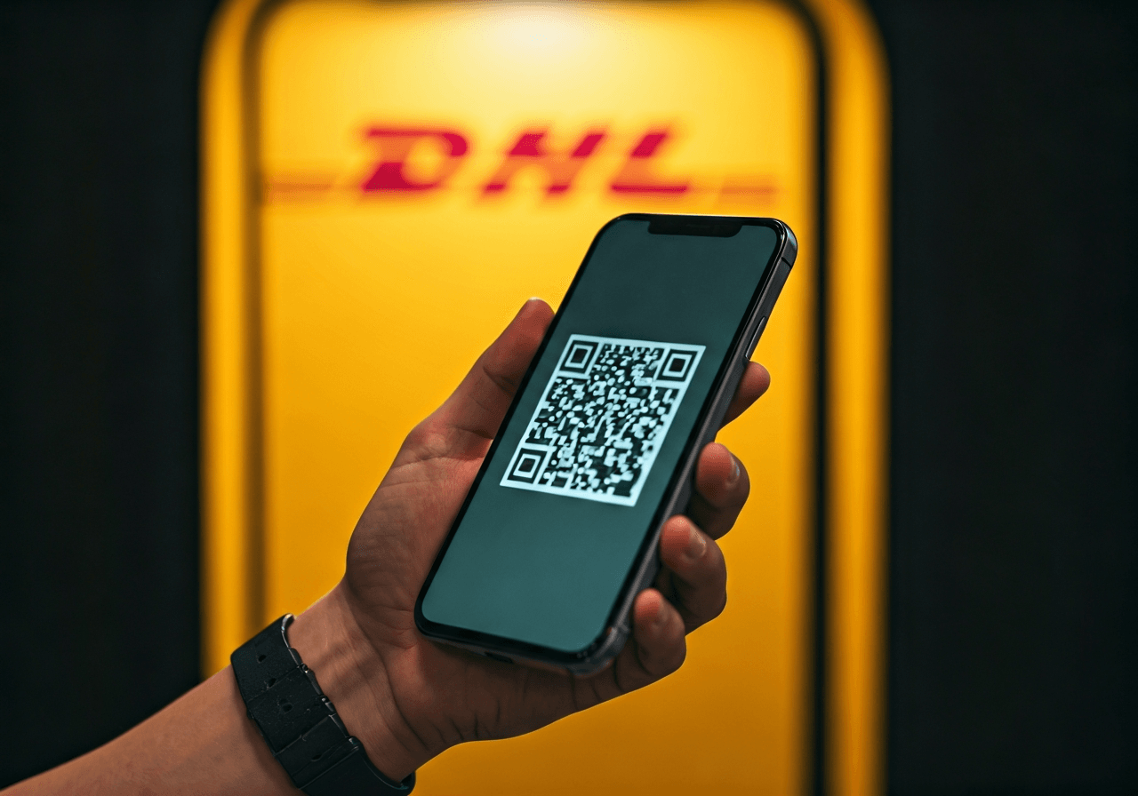 A close-up shot of a modern smartphone displaying a glowing QR code on a DHL app interface, held in front of a sleek yellow DHL Packstation terminal, soft daylight, professional editorial photography, 85mm lens, depth of field, no text, no words, no letters