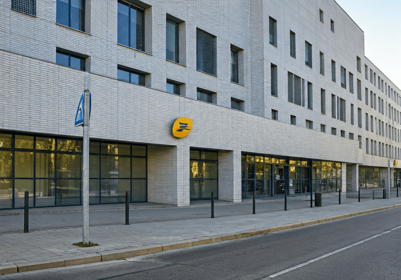 A professional exterior shot of a modern Czech post office branch, clean architectural lines, bright daylight, soft shadows, 85mm lens, high resolution, professional editorial style, no text, no letters, no signs.