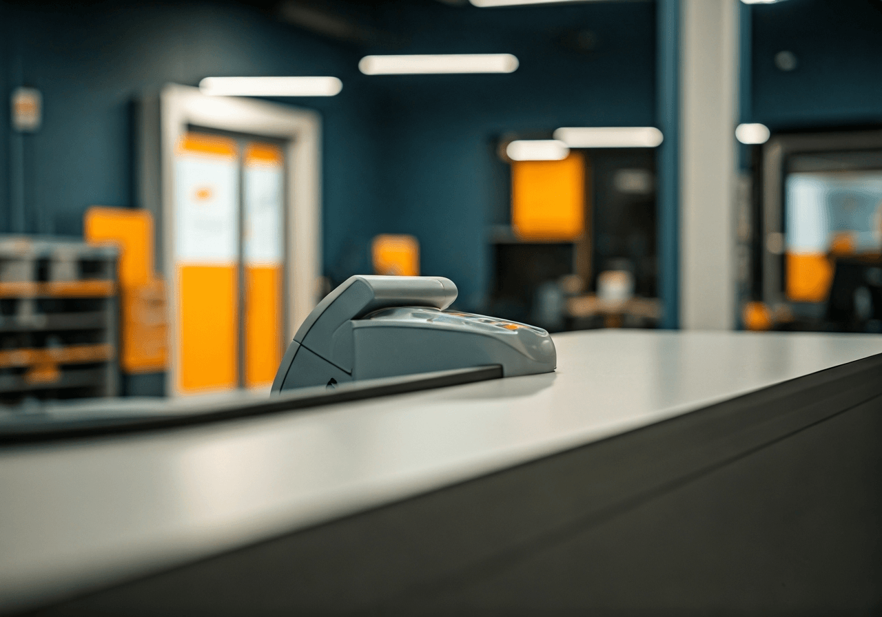 A modern, clean post office interior, detail of a digital parcel terminal and service counter, editorial photography, soft natural light, 85mm lens, minimalist design, no text, no words, no letters