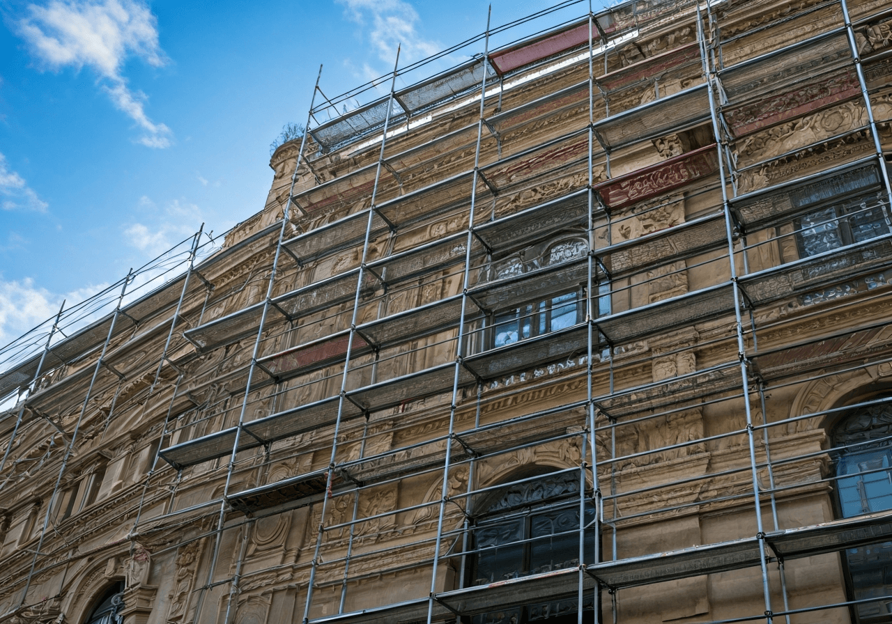 Detailed architectural photography of a historic building facade undergoing modern maintenance, scaffolding integrated with preserved ornate stonework, bright daylight, premium editorial style, 85mm lens, high resolution, no text, no letters