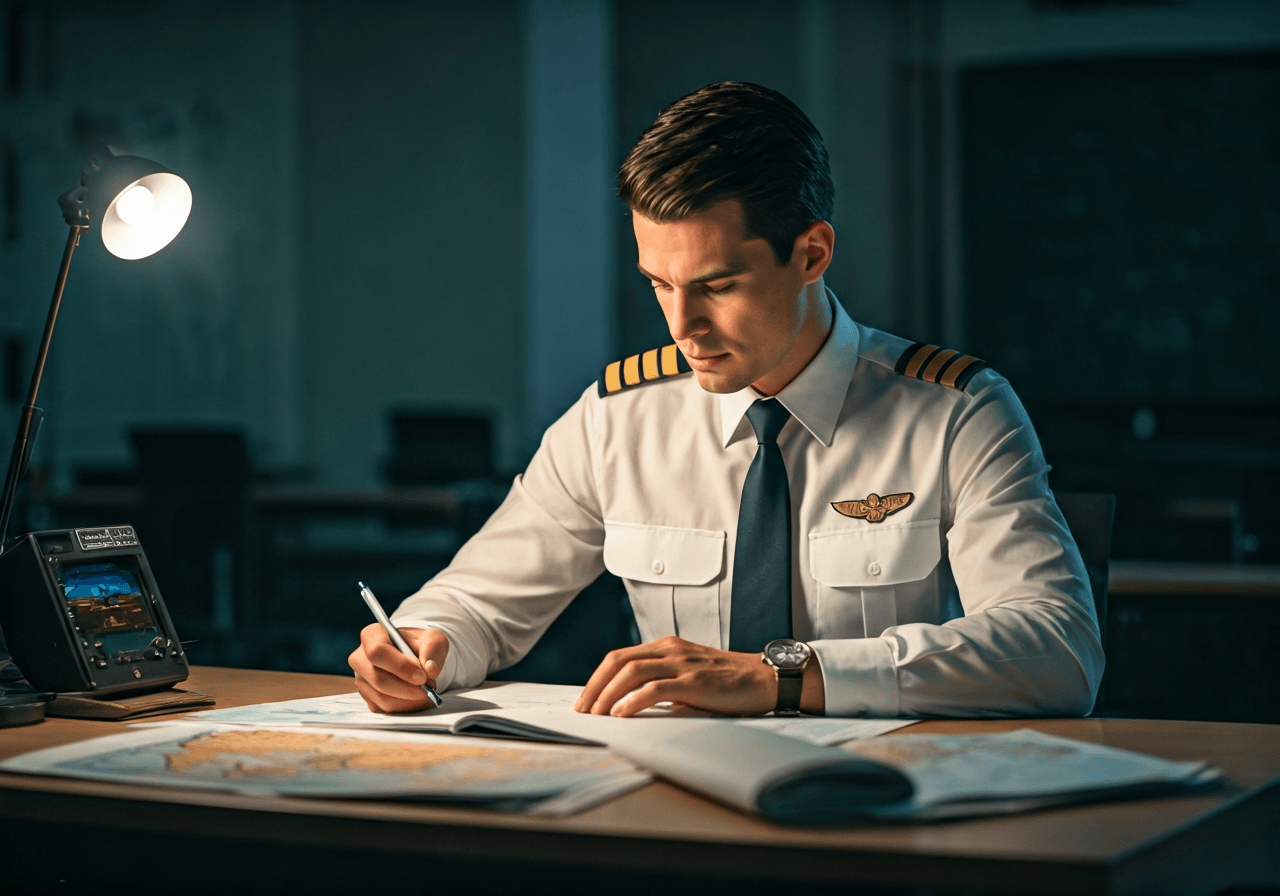A professional pilot trainee sitting in a modern, bright flight school classroom with aviation maps and an E6B flight computer on the desk, focused on study materials, editorial photography, soft natural light, 85mm lens, high detail, no text, no letters.