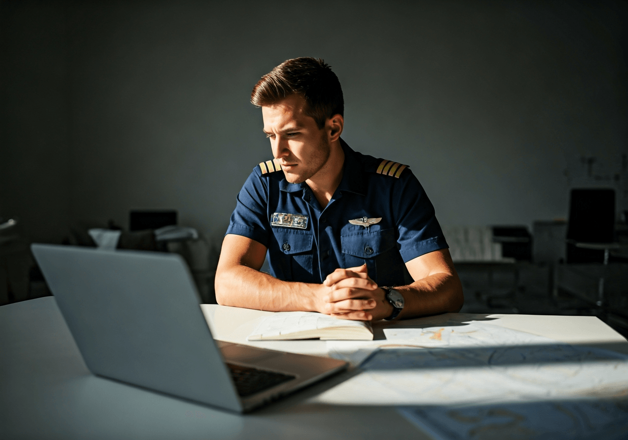 A professional flight student studying on a laptop in a modern, sunlit aviation academy lounge, clean desk with aeronautical charts, editorial photography, premium atmosphere, soft natural light, 85mm lens, no text, no letters.