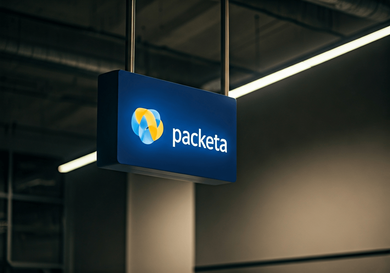 A professional logistics delivery point sign transitioning from Zásilkovna branding to the modern Packeta logo, minimalist interior design, clean and bright environment, soft natural light, 85mm lens, high-end editorial photography, no text, no words, no letters