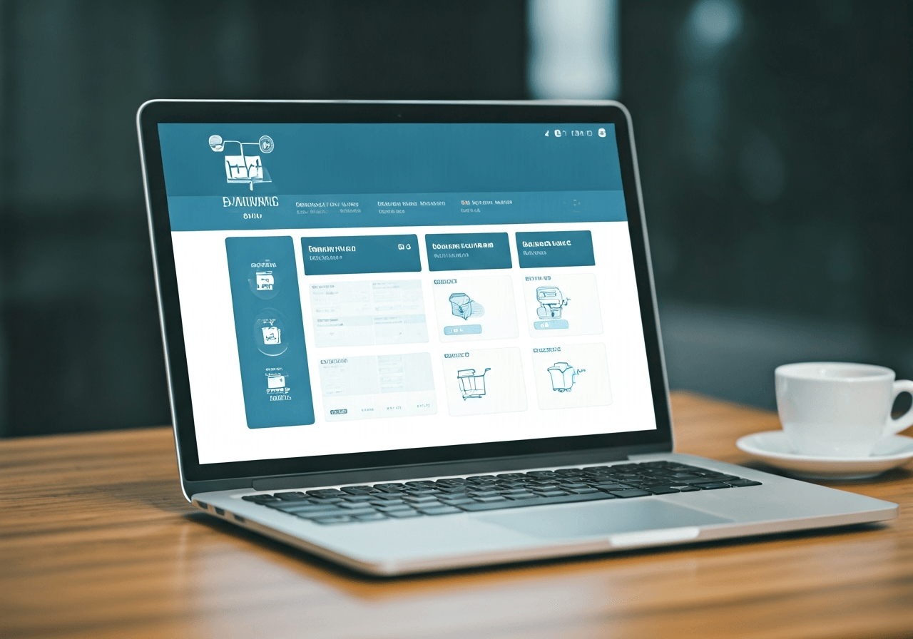 A professional laptop screen showing a dashboard with e-commerce logistics interface and shipping icons, clean modern office background, editorial photography, soft natural light, 85mm lens, highly detailed, no text, no words, no letters