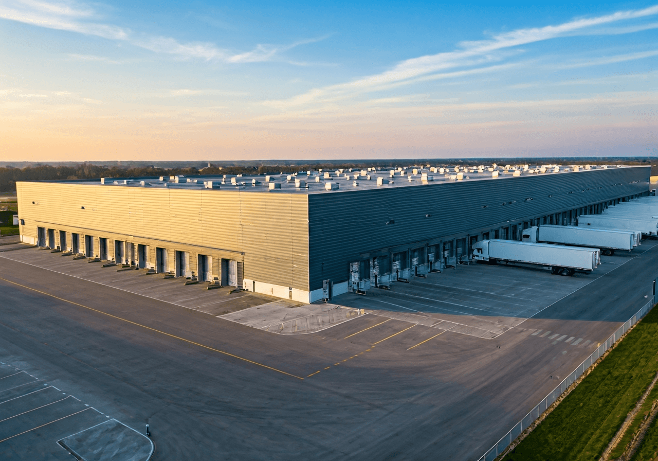 Aerial view of a modern, large-scale logistics hub facility, clean industrial architecture, organized truck bays, professional and efficient environment, soft natural morning light, wide angle lens, highly detailed, no text, no words, no letters.