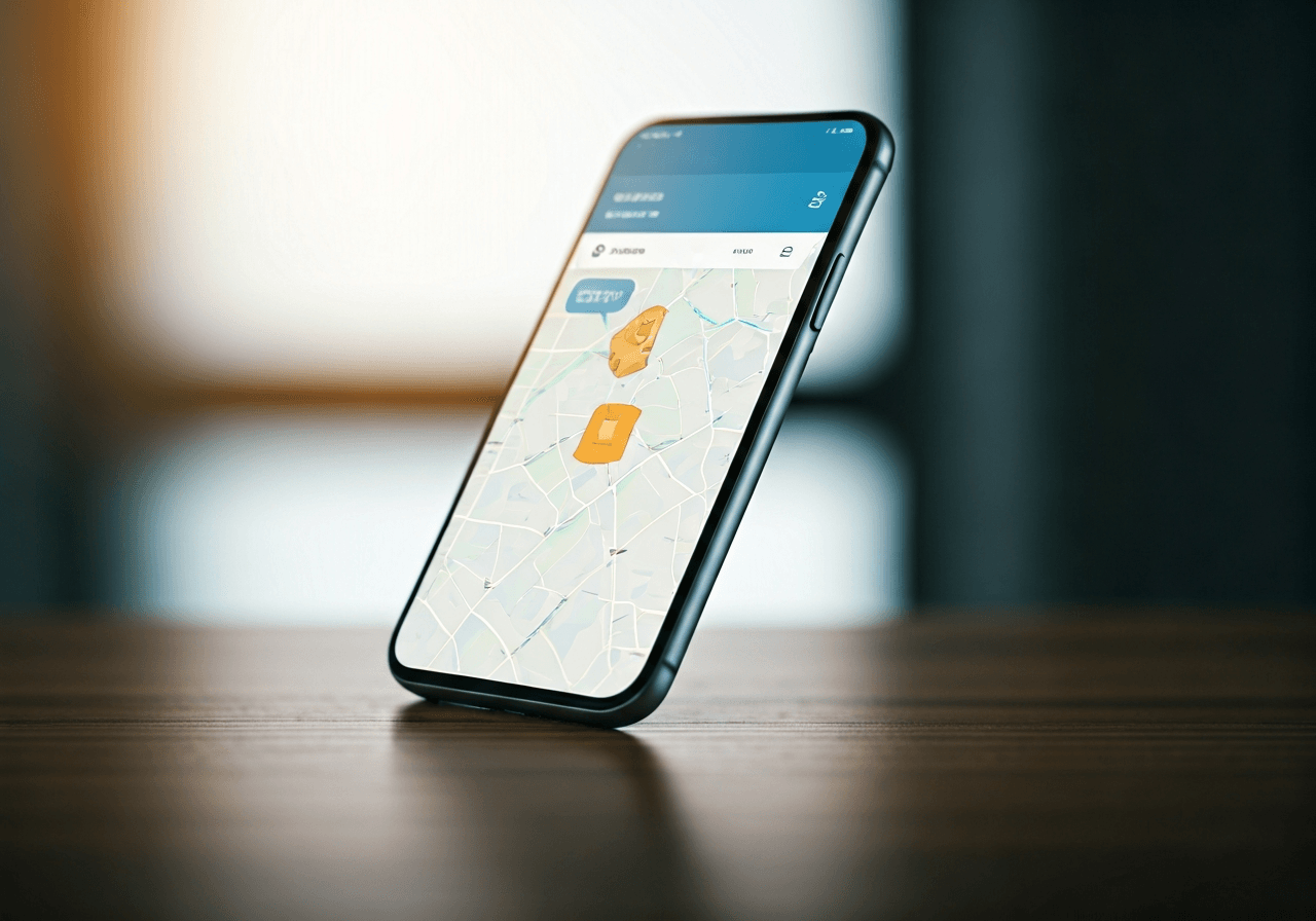 A professional digital interface on a smartphone screen showing a real-time parcel tracking map, blurred modern office environment background, editorial photography, soft natural light, 85mm lens, high resolution, no text, no letters