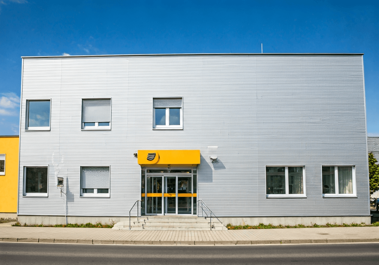 A professional, clean front facade of a modern post office branch in a Czech town, editorial architectural photography, bright daylight, soft shadows, 85mm lens, high resolution, no text, no letters