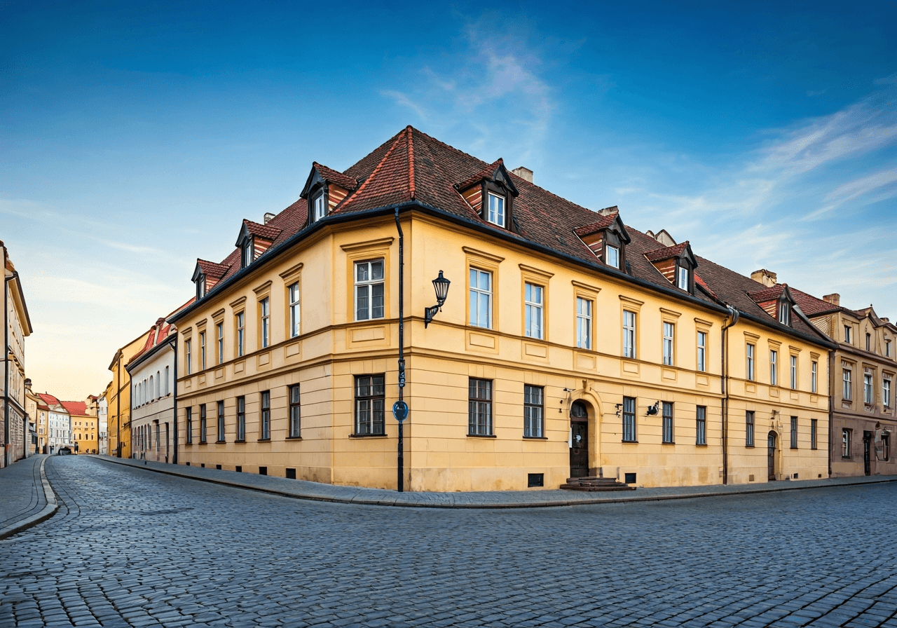 Pošta Uhlířské Janovice: Jak se vyhnout frontám? (Návod) 2 Editorial photography, exterior view of a traditional Czech post office building located on a quiet street in a historic town, Komenského street atmosphere, soft natural daylight, 85mm lens, high resolution, architectural details, no text, no letters