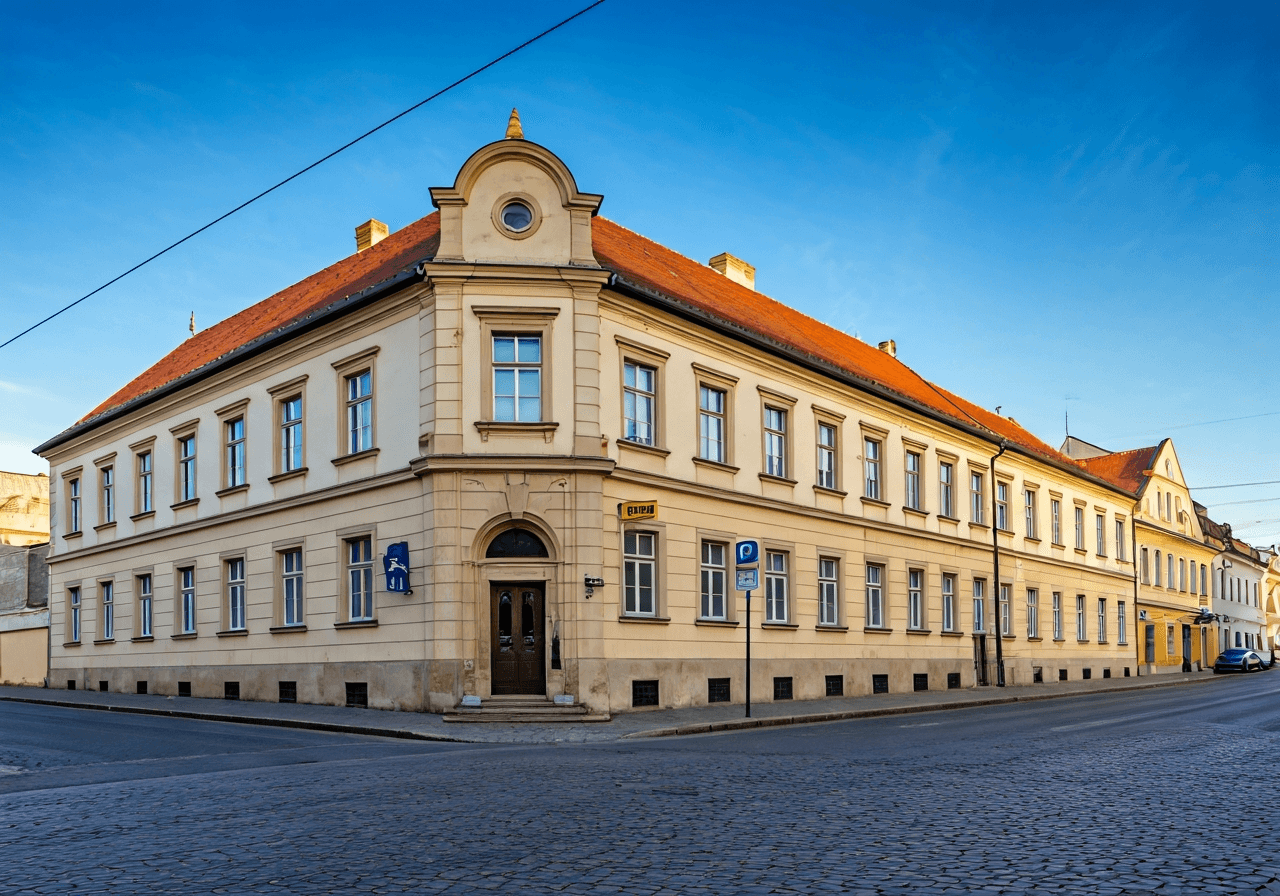 Pošta Uhlířské Janovice: Jak se vyhnout frontám? (Návod) 3 Editorial photography of a historical post office building on Komenského Street in Uhlířské Janovice, street level view, clean town environment, soft natural sunlight, 85mm lens, professional photography, high resolution, no text, no letters