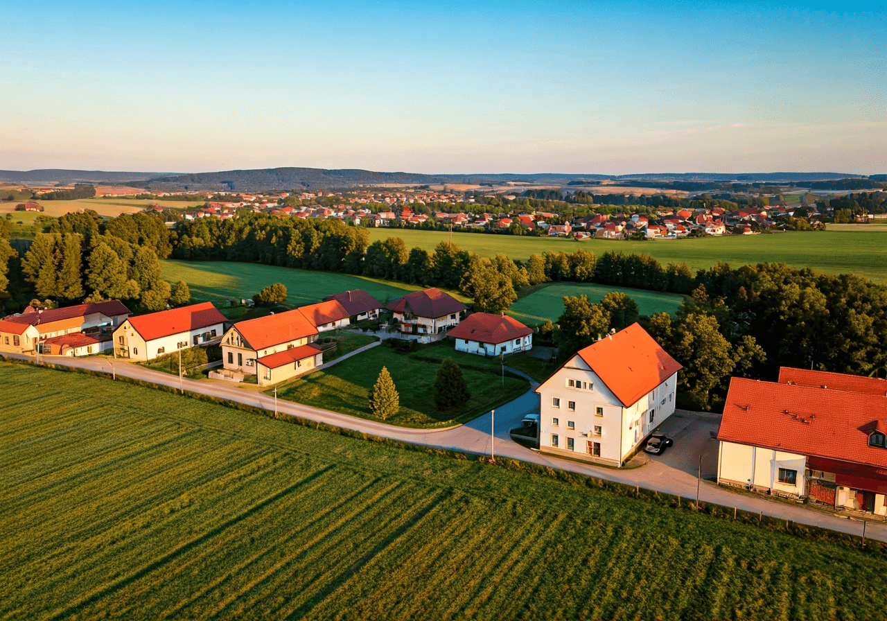 Aerial view of a peaceful Czech countryside village near Sezemice, modern infrastructure, clean aesthetic, morning golden hour lighting, 85mm lens, high resolution, no text, no letters