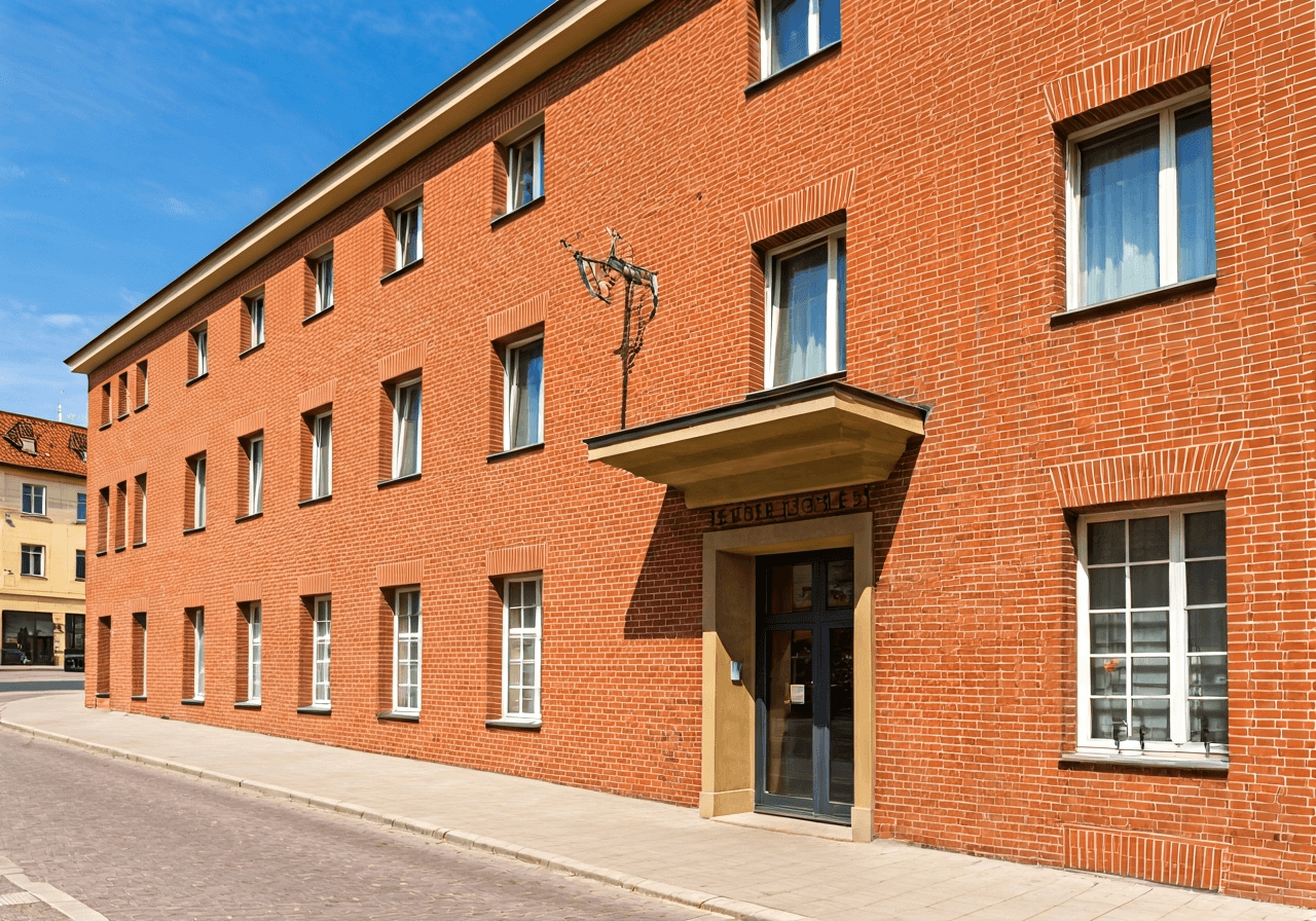 Exterior view of a local Czech Post office building in a picturesque town, clean brick architecture, bright daylight, professional editorial photography, 85mm lens, no text, no words, no letters