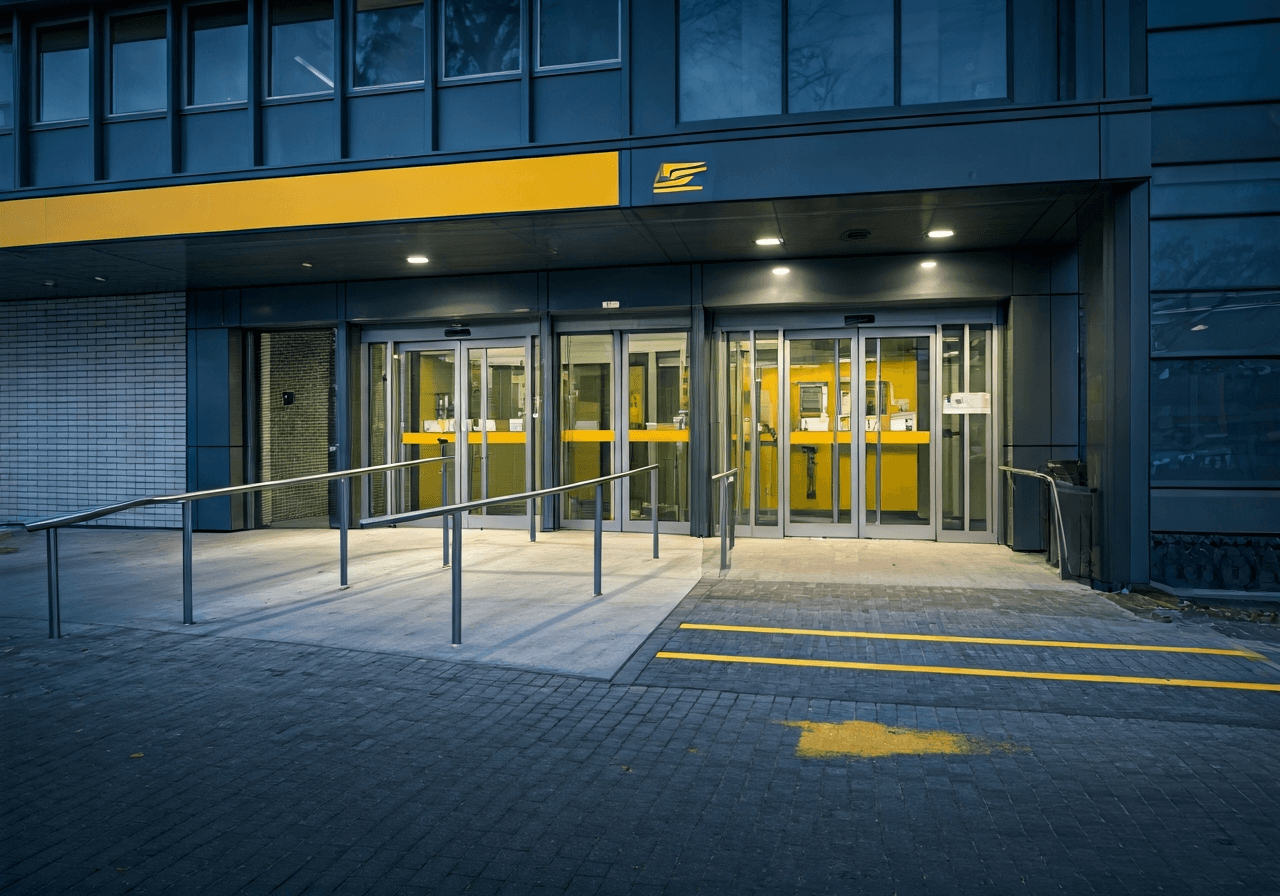 A wide-angle editorial shot of a modern, accessible post office entrance with clear signage and a smooth ramp, bright daylight, professional architectural photography, 85mm lens, minimalist style, no text, no words, no letters.