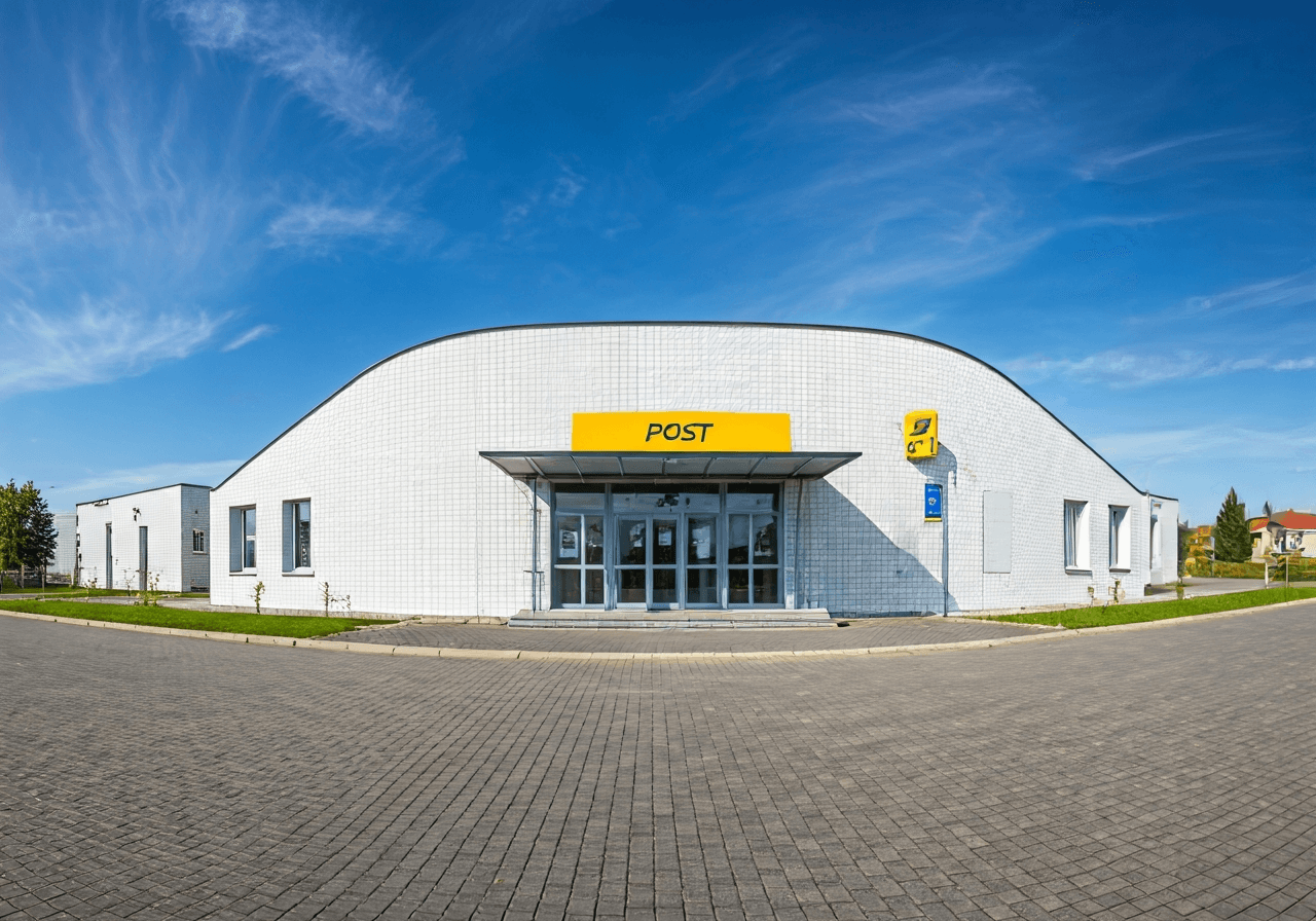 A wide-angle editorial shot of a modern, clean post office building exterior in a rural Czech village, bright daylight, clear blue sky, architecture photography, 85mm lens, high resolution, no text, no words, no letters