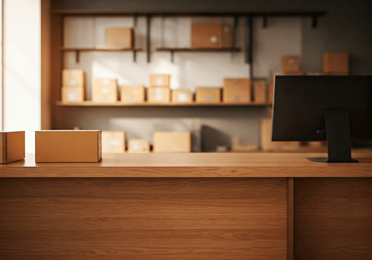 A professional, modern post office interior, clean wooden counter, organized parcel packages, soft natural sunlight entering through a window, editorial photography, 85mm lens, high quality, no text, no letters