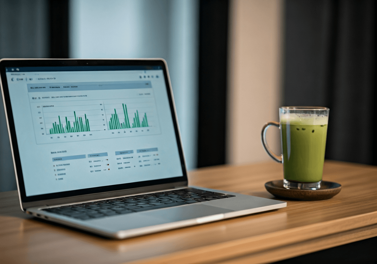 Editorial photography, a high-end minimalist workspace with a sleek laptop displaying a logistics dashboard, a glass of matcha tea and a wearable health tracker on the desk, soft natural light, 85mm lens, high resolution, no text, no letters