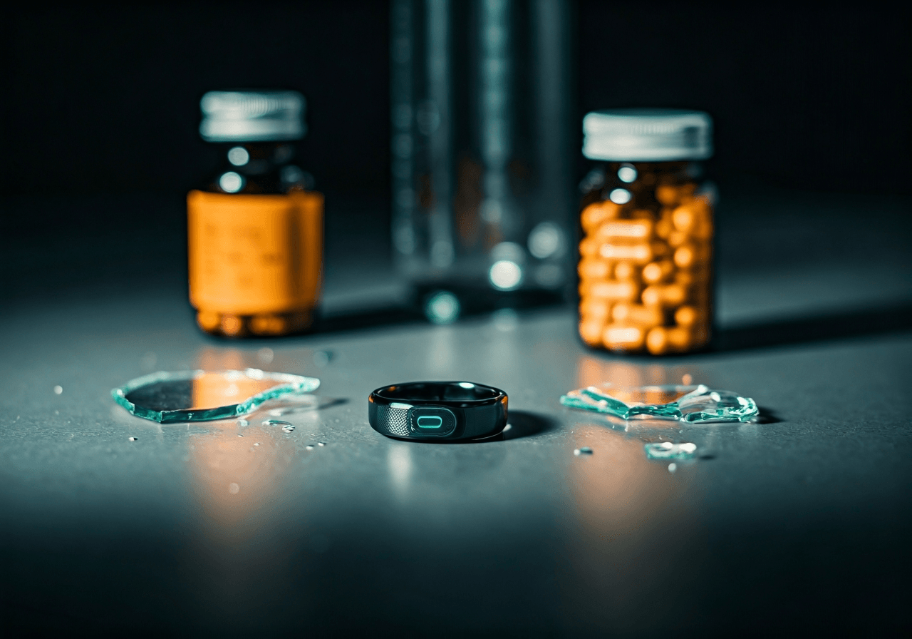 Editorial photography, a high-tech smart ring and glass supplement bottles on a laboratory desk, shattered glass nearby, soft natural light, 85mm lens, highly detailed, professional aesthetic, no text, no letters
