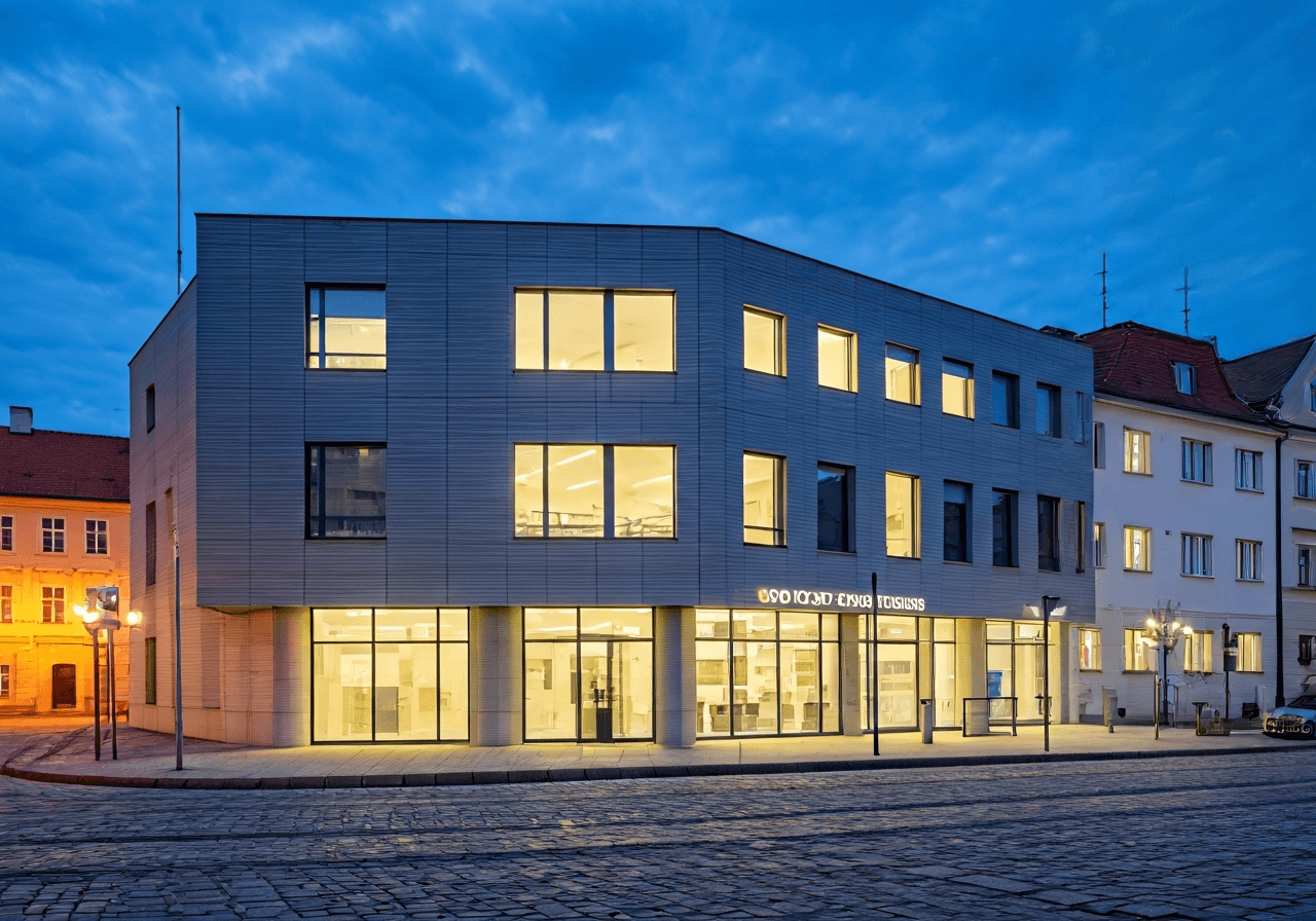 Exterior view of a modern, well-maintained post office building in a historical Czech town setting, soft natural light, editorial photography, 85mm lens, clean composition, no text, no words, no letters