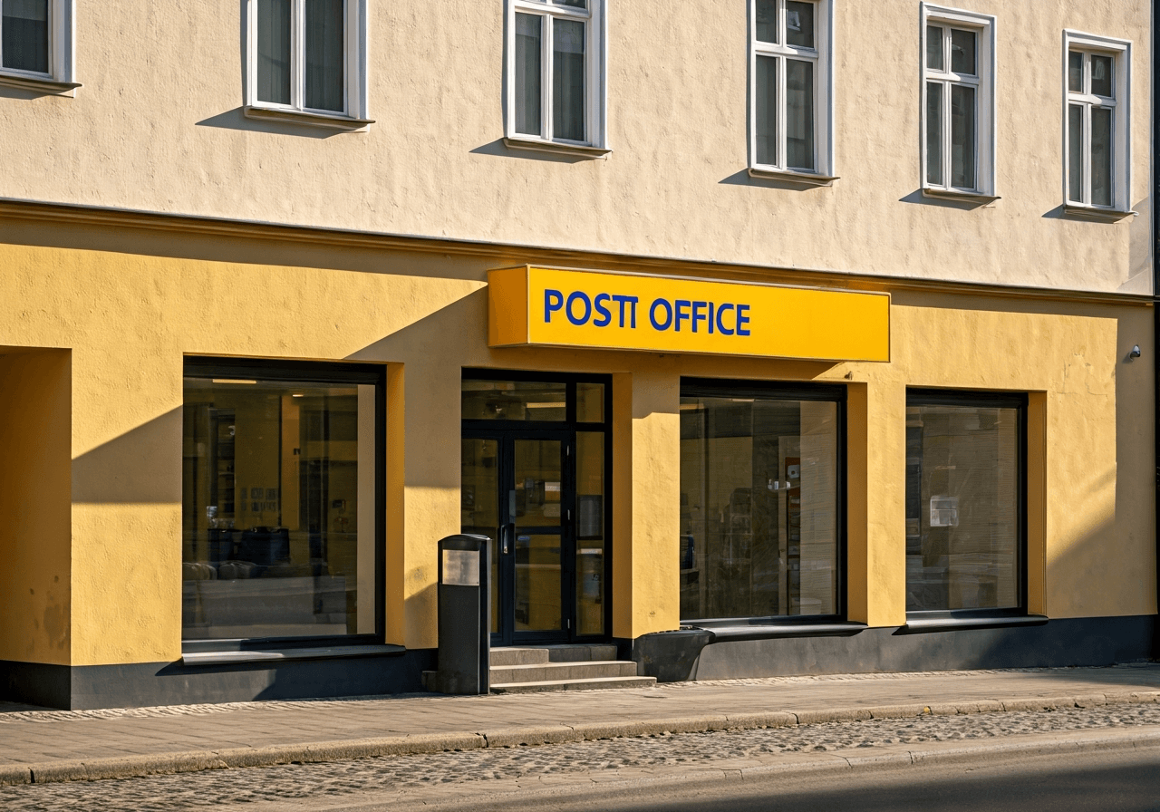A professional, modern post office storefront with clean signage, street view in Karlovy Vary, soft morning sunlight, architectural photography, 85mm lens, high resolution, no text, no words, no letters