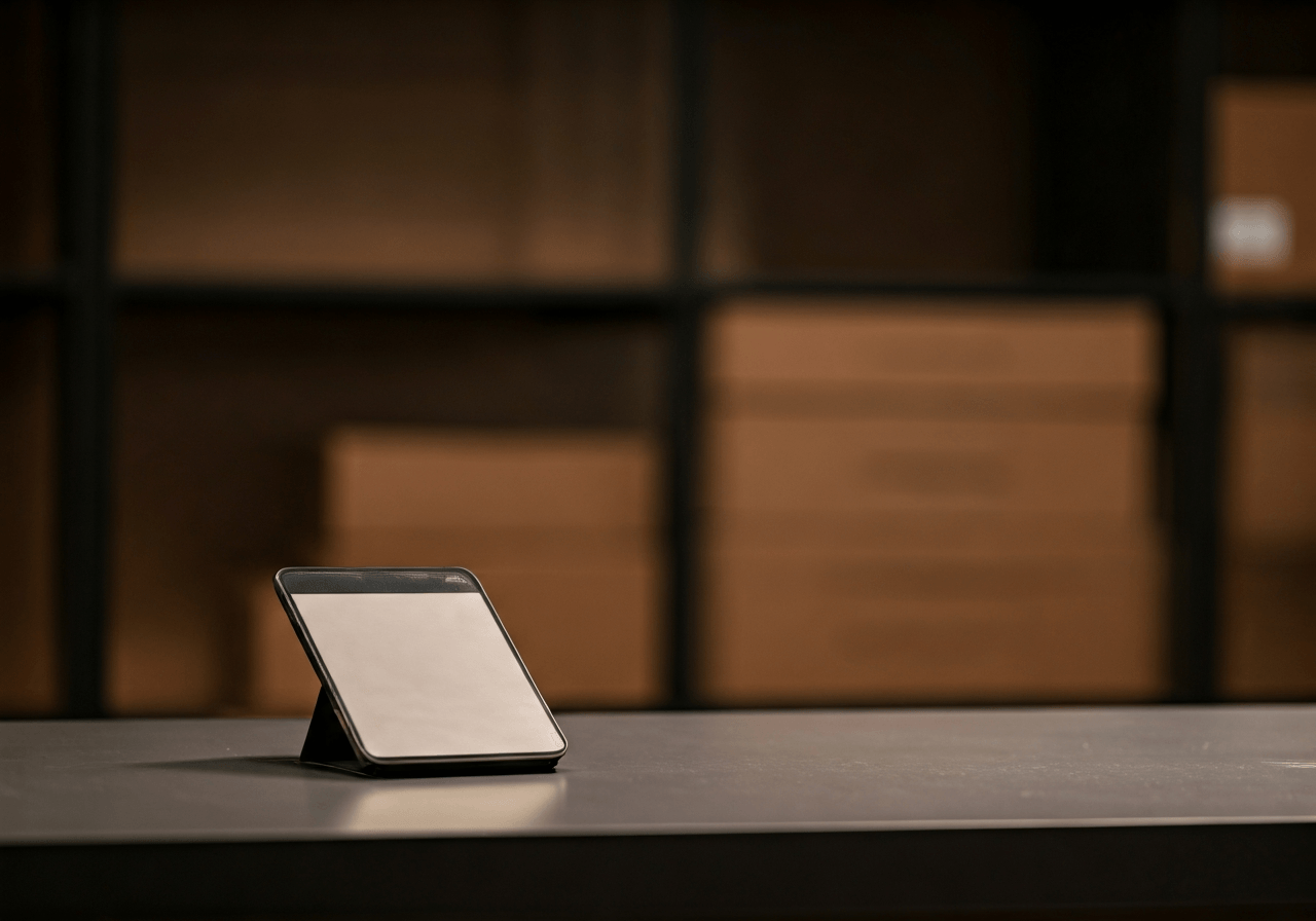 A close-up, high-quality editorial shot of a modern, organized parcel delivery center counter, soft natural light, minimalist aesthetic, 85mm lens, high detail, no text, no words, no letters.