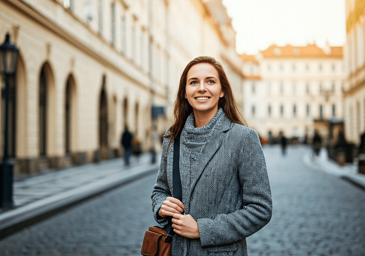 Úschovna zavazadel na Florenci: Vyplatí se? (Test) 2 A professional traveler walking through the cobblestone streets of Old Town Prague, carrying only a small crossbody bag, looking relaxed and happy, blurred historic architecture in the background, soft natural sunlight, cinematic editorial style, 85mm lens, no text, no words, no letters