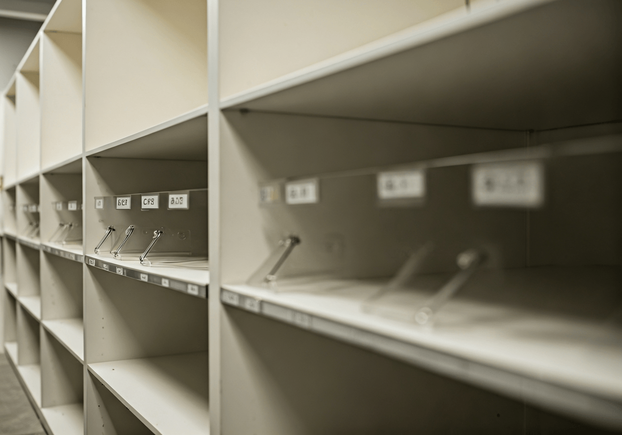 Úschovna zavazadel na Florenci: Vyplatí se? (Test) 3 A professional, secure luggage storage facility with clean, minimalist white shelves and numbered tags, modern bright environment, soft natural light, 85mm lens, high-end editorial photography style, no text, no words, no letters