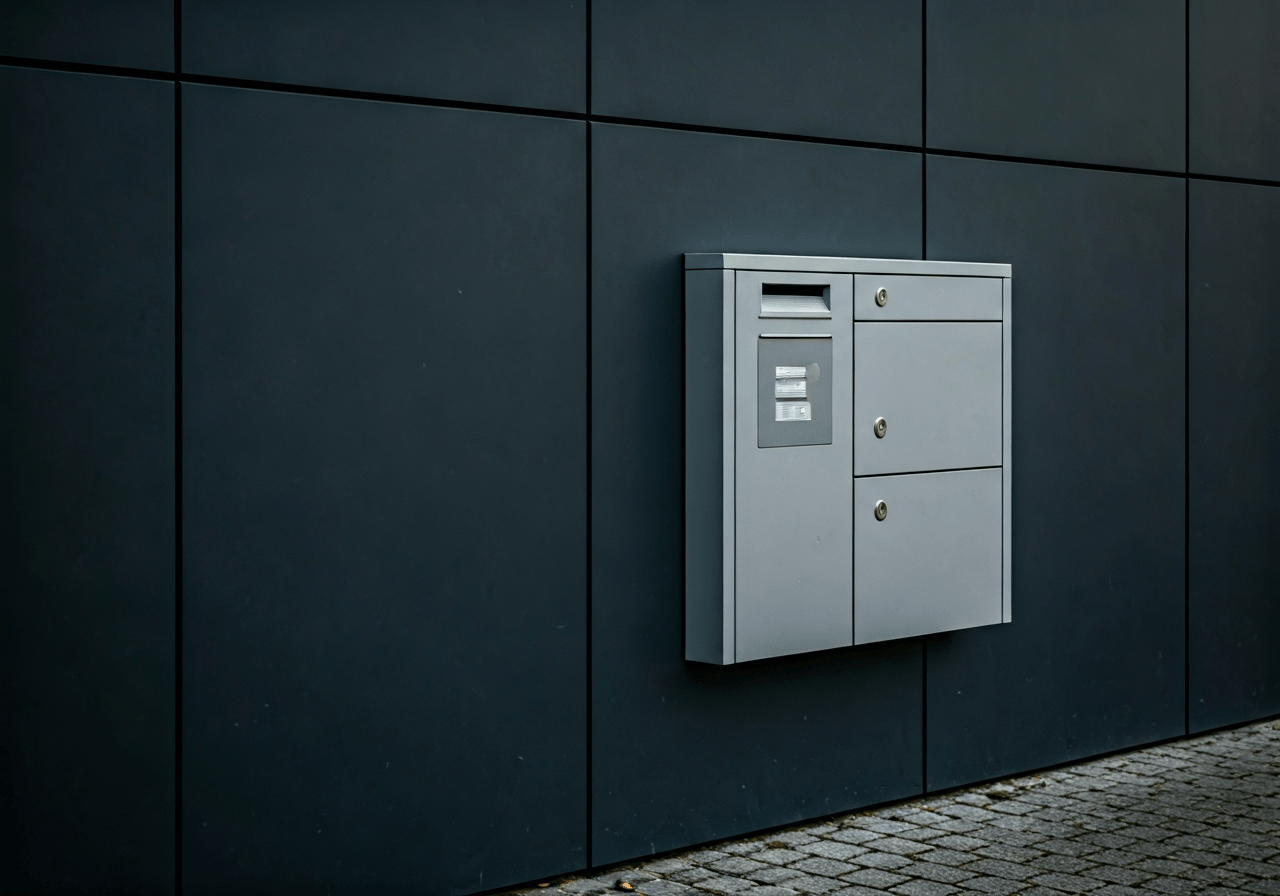 A professional view of a modern post office mailbox in a Czech town, clean architectural lines, soft natural daylight, cinematic editorial photography, 85mm lens, high resolution, no text, no letters.