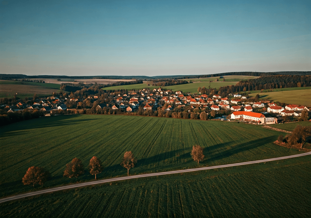 Aerial view of the Králův Dvůr region showing Zahořany village landscape, editorial photography, clean aesthetic, soft natural light, 85mm lens, high resolution, no text, no words, no letters