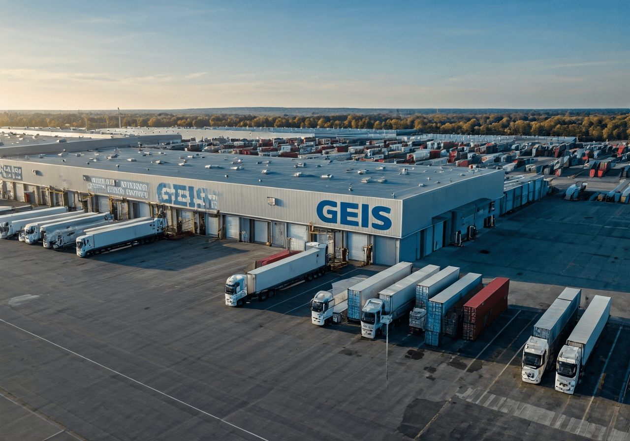 Aerial view of a modern, organized logistics hub with Geis branded trucks and containers, bustling industrial landscape, premium editorial style, soft daylight, 85mm lens, high resolution, no text, no words, no letters