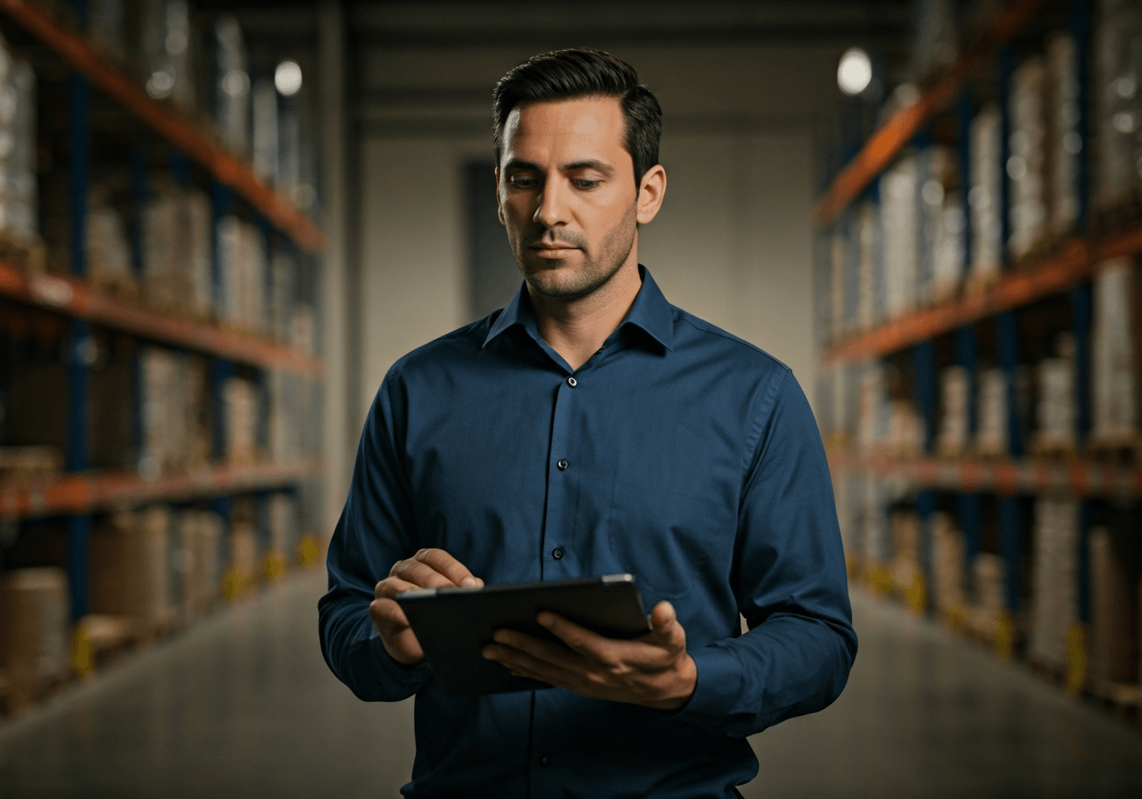 A professional logistics manager overseeing a modern warehouse, clean industrial environment with organized pallets, soft natural light, 85mm lens, editorial photography, no text, no letters