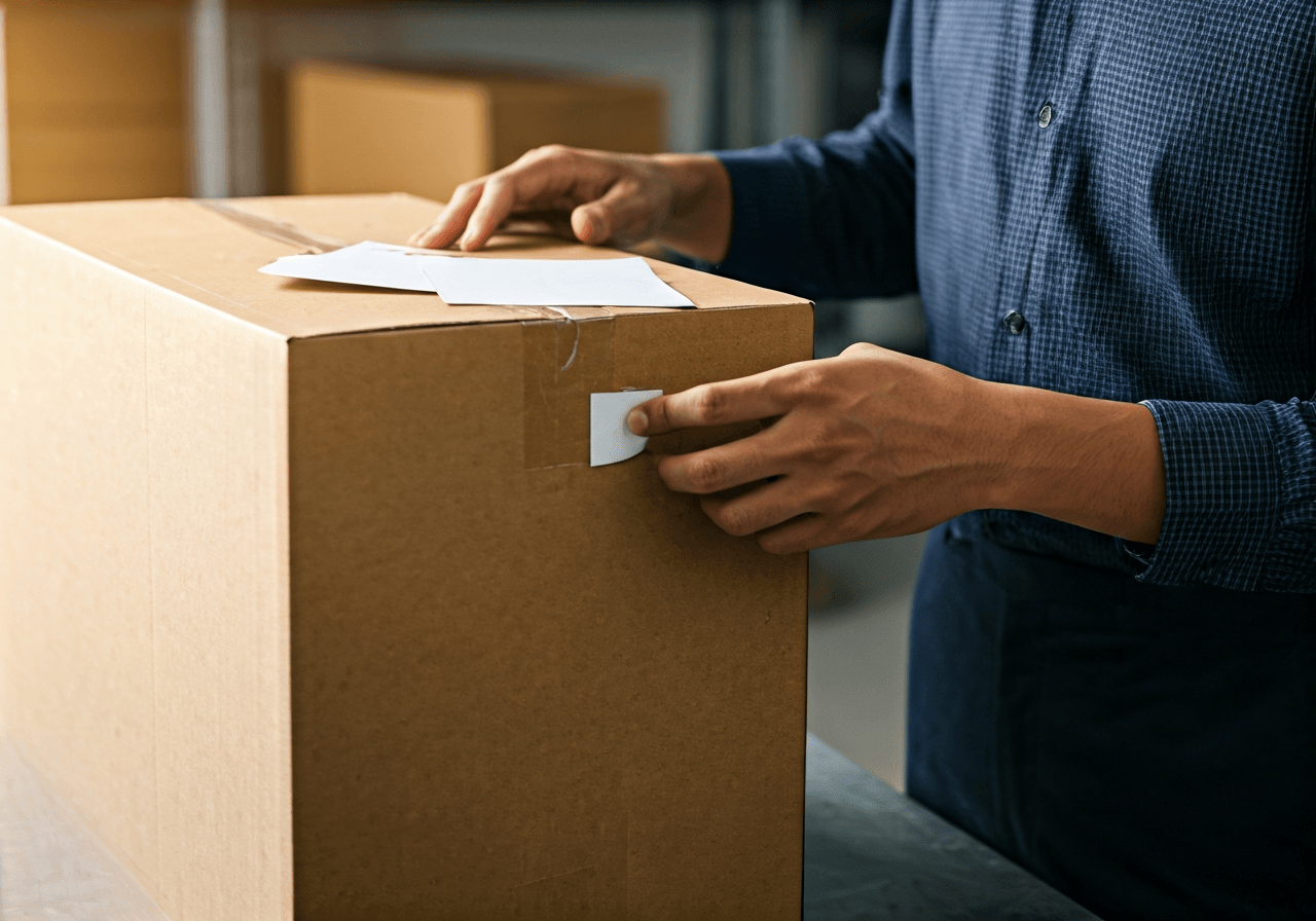 A professional logistics worker carefully labeling a high-quality cardboard shipping box in a clean, sunlit warehouse, modern shipping environment, Editorial photography, 85mm lens, soft natural lighting, depth of field, no text, no words, no letters
