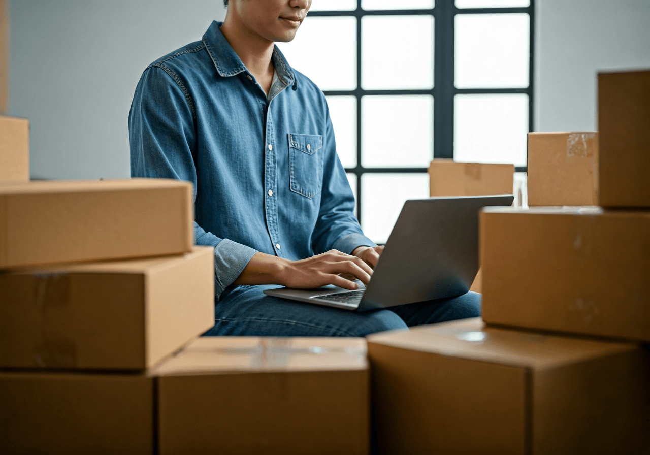 Professional logistics manager working on a laptop in a modern, bright office, surrounded by neatly stacked cardboard parcels, soft natural light, editorial photography style, 85mm lens, high quality, no text, no words, no letters